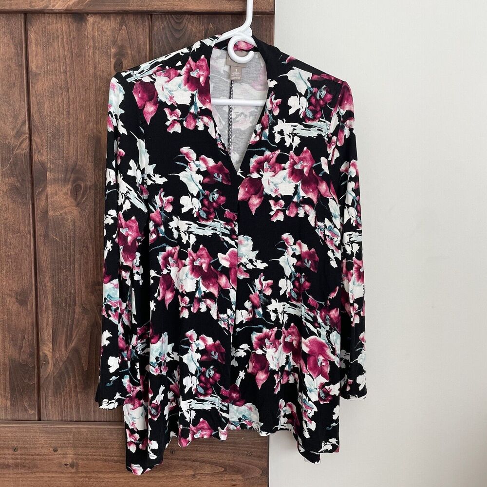 Chicos Top Womens 1 Medium Floral Black Popover Tunic Blouse Vneck